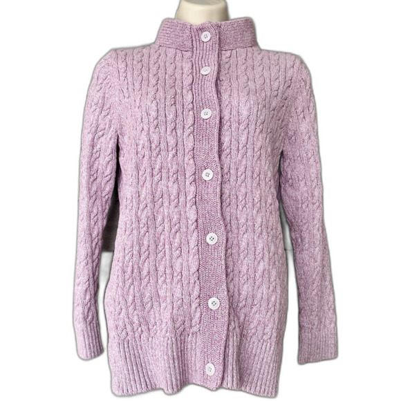 NWT LL Bean Fisherman Cable Knit 100% Cotton Button Up Cardigan Womens PM Lilac - Picture 1 of 8